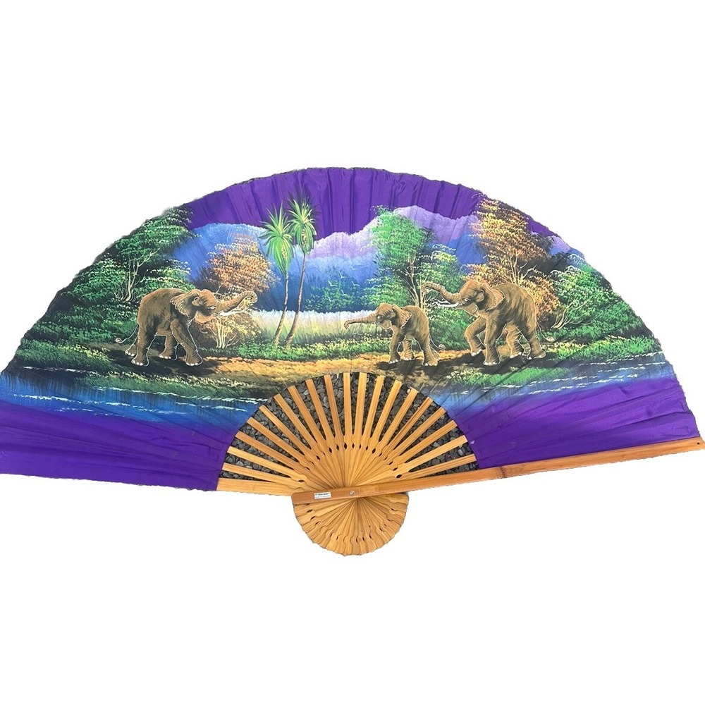 Vtg Extra Large Oriental Fan Wall Art 59" x 34.5" Made in Thailand Elephants